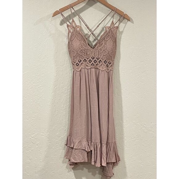 ~ Boho Sundress Le Miel Crochet Med Beachy Tan Mini Slip Dress Layered Bralette - Picture 9 of 16